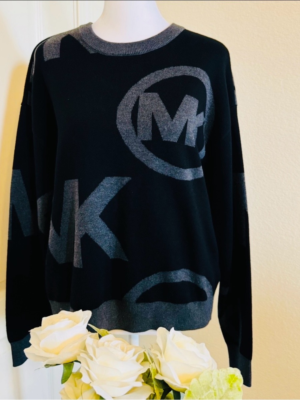 Michael Kors Black & Gray MK Logo Crewneck Sweater- Women Size XS